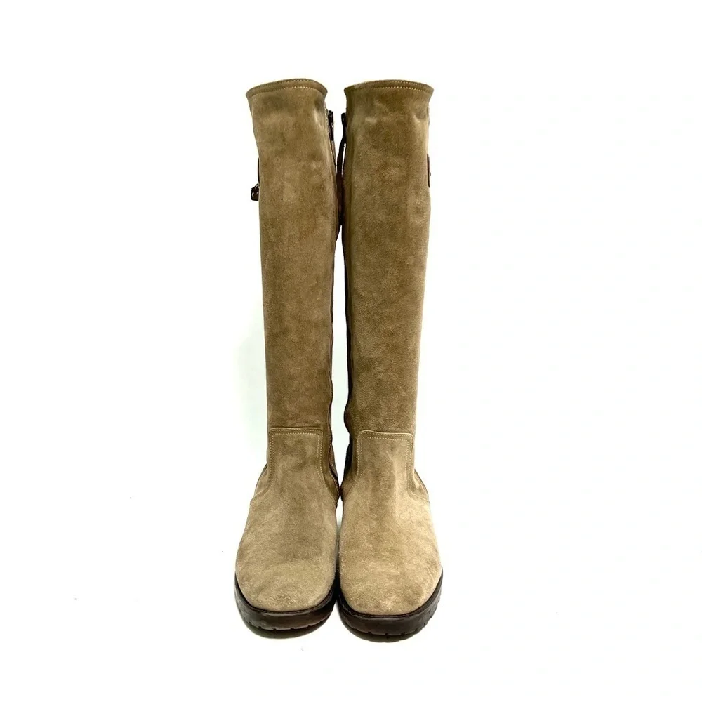 Vintage 1990s women’s tan suede zip up knee high fleece line buckle riding boots